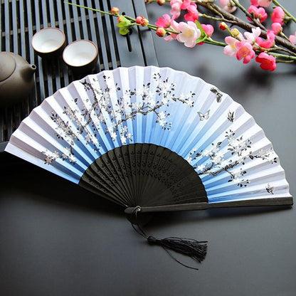 Chinese Japanese Folding Fan Wooden Shank Classical Dance Fan  High Quality Tassel  Elegent Female Fan