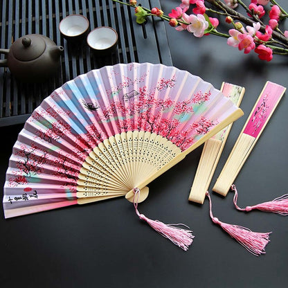 Chinese Japanese Folding Fan Wooden Shank Classical Dance Fan  High Quality Tassel  Elegent Female Fan