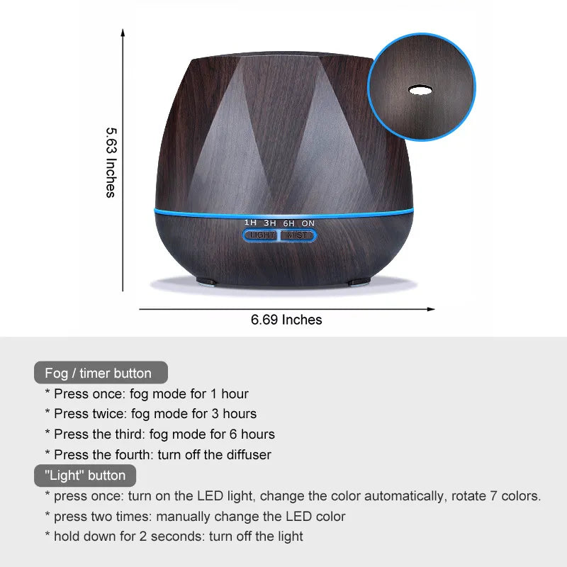 550ml Air Humidifier Essential Oil Diffuser Ultrasonic Cool Mist Humidifier LED Night Light for Office Home Bedroom Living Room