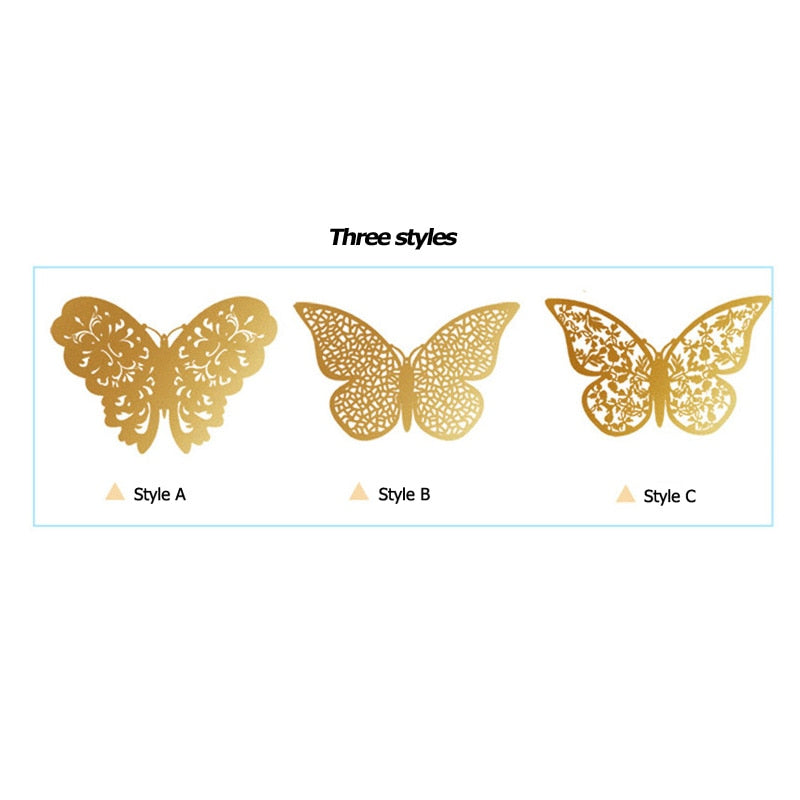 12Pcs/Set Hollow 3D Butterfly Wall Stickers For Wedding Decoration Living Room Window Home Decor Gold Silver Butterflies Decals