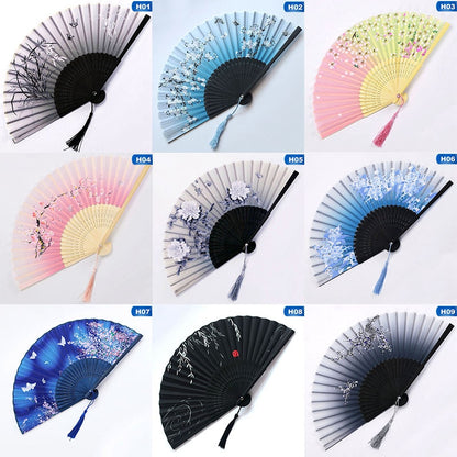 Chinese Japanese Folding Fan Wooden Shank Classical Dance Fan  High Quality Tassel  Elegent Female Fan