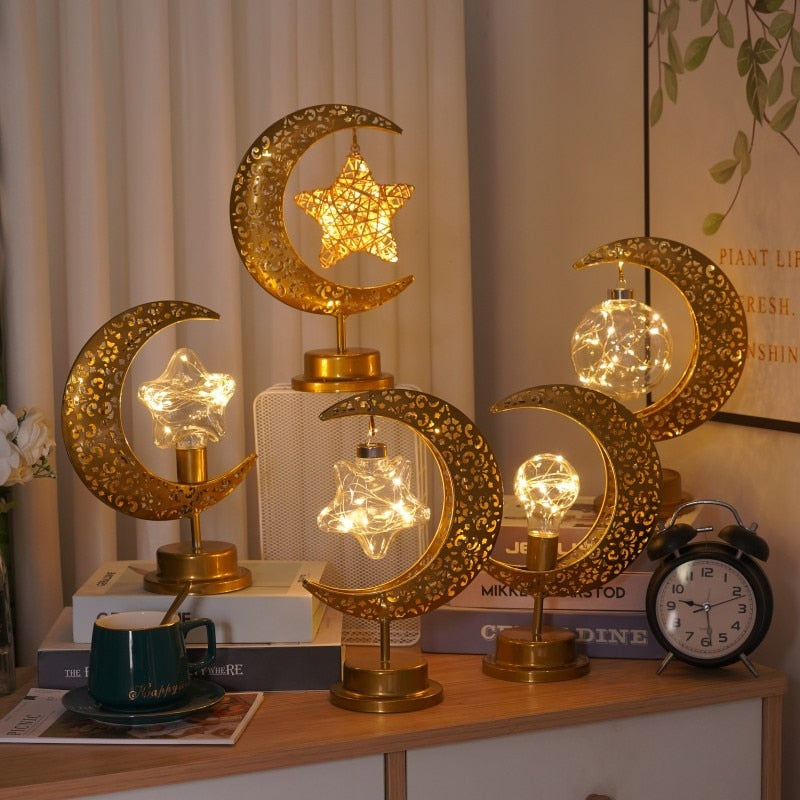 Gold Ramadan Moon Led Lamp Decoration for Home Metal Ramadan Kareem Light Decoration Eid Mubarak Muslim 2023 Eid Al Adha Gift