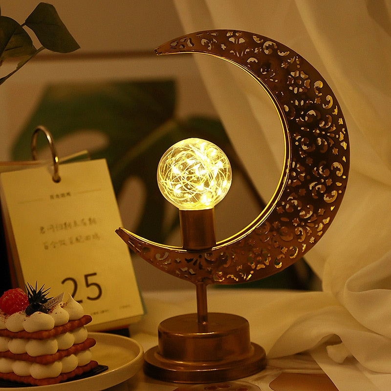 Gold Ramadan Moon Led Lamp Decoration for Home Metal Ramadan Kareem Light Decoration Eid Mubarak Muslim 2023 Eid Al Adha Gift