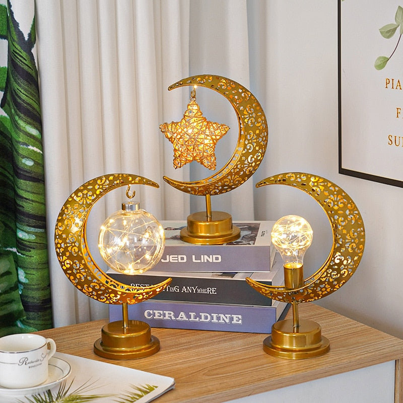 Gold Ramadan Moon Led Lamp Decoration for Home Metal Ramadan Kareem Light Decoration Eid Mubarak Muslim 2023 Eid Al Adha Gift